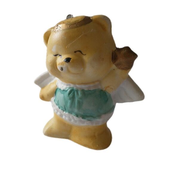 Vintage Ceramic Teddy Bear Ornament Handpainted 1980s Guardian Angel Wings - Picture 5 of 16